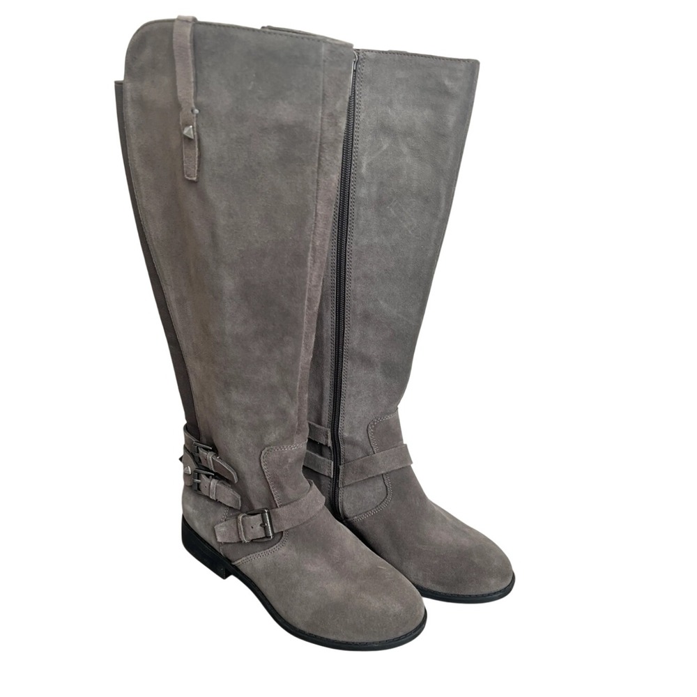 Marc Fisher Womens Gray Suede Knee High Boots Buckle Studded Side Zip Flat Heel - Picture 3 of 11